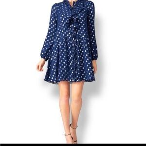 Saloni Tilly Silk Mini Dress Navy Blue Metallic Siver Polka Dot Ruffle Size 4